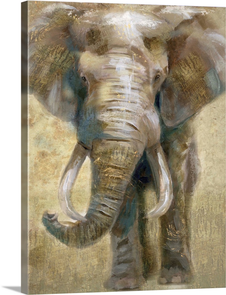 Contemporary painting of an elephant in gray, brown, white, and gold hues.