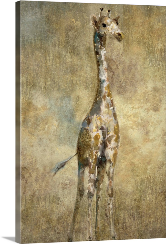 Large painting of a single giraffe in gold, brown, and white tones.