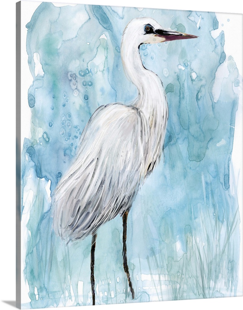 Watercolor painting of a white Egret on a blue background.