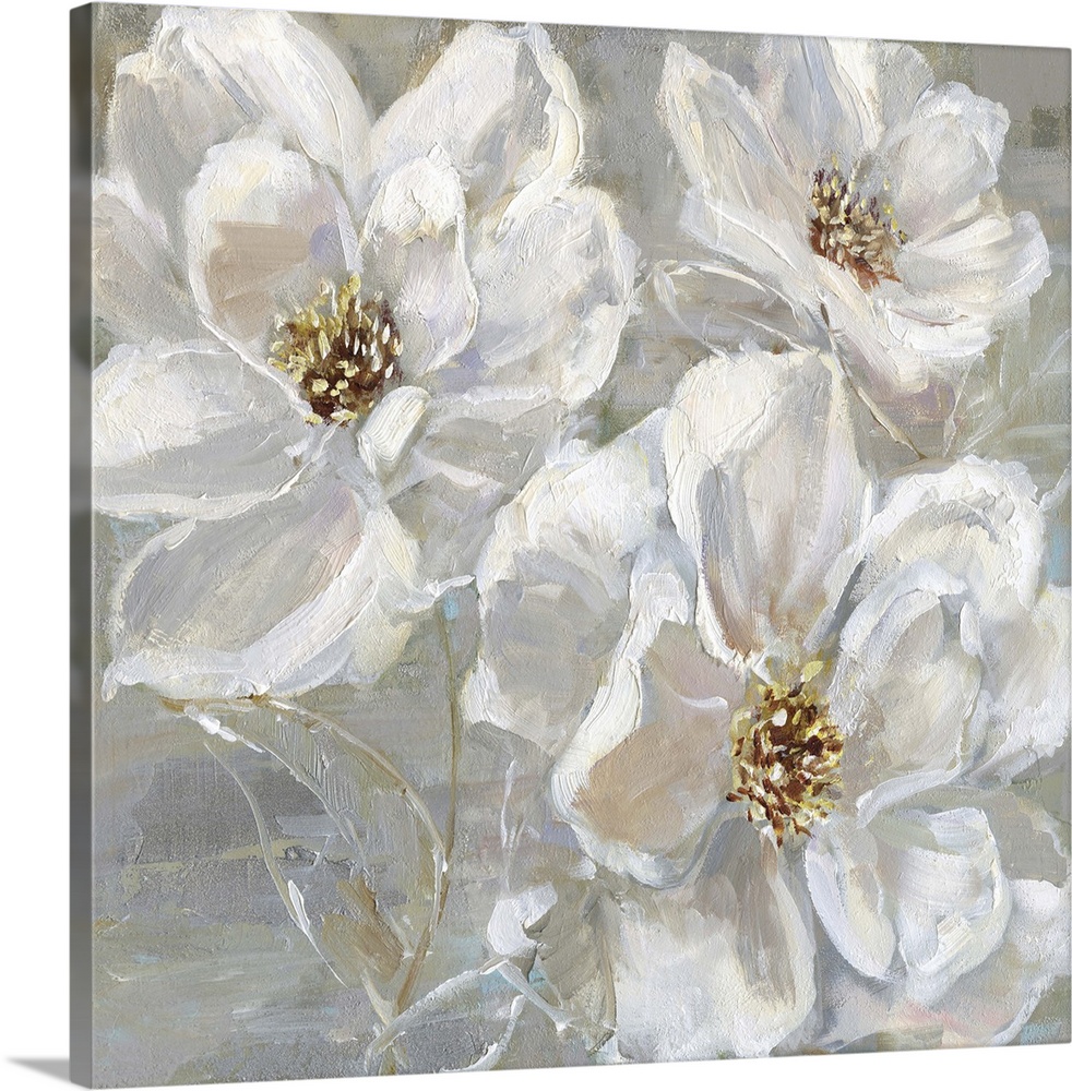 Square contemporary painting of three white flowers on a neutral colored background with light hints of purple and blue.
