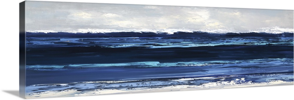 Panoramic painting of horizontal brush strokes illustrating waves of the ocean coming to shore.