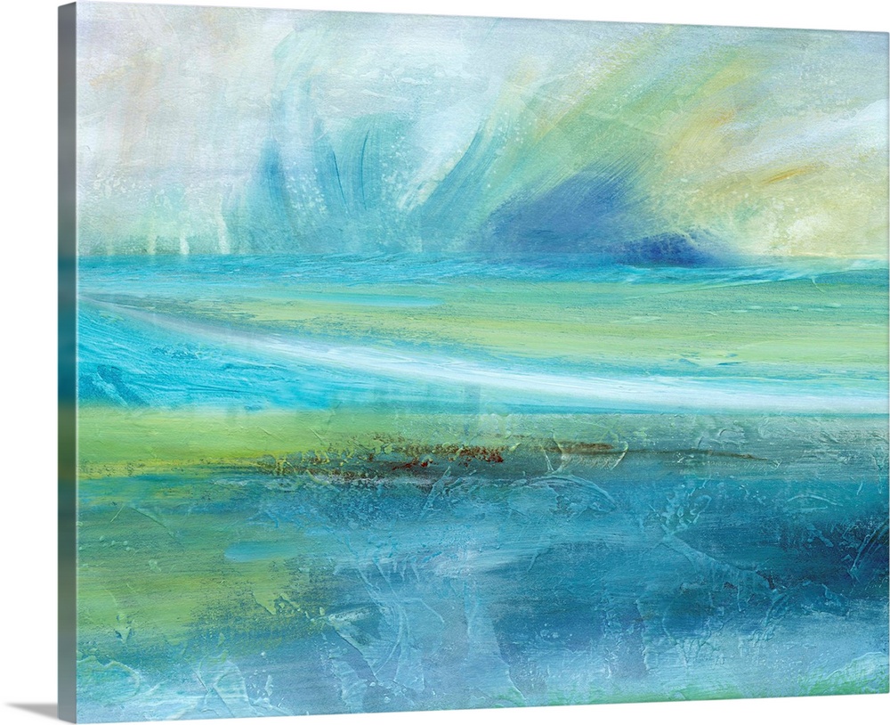 Contemporary painting of an abstract seascape with a big splash of water at the top in shades of blue and green.