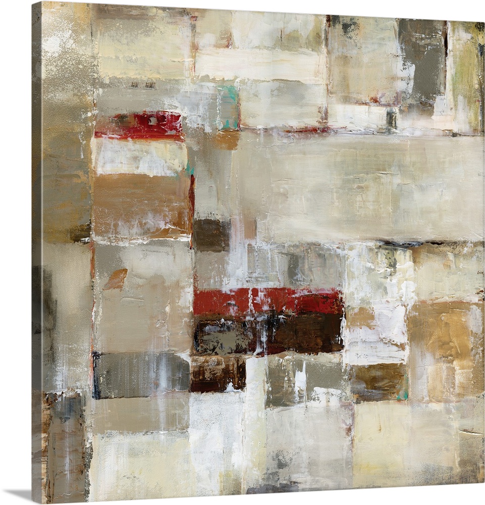 A square abstract painting in natural shades of brown, beige and red.