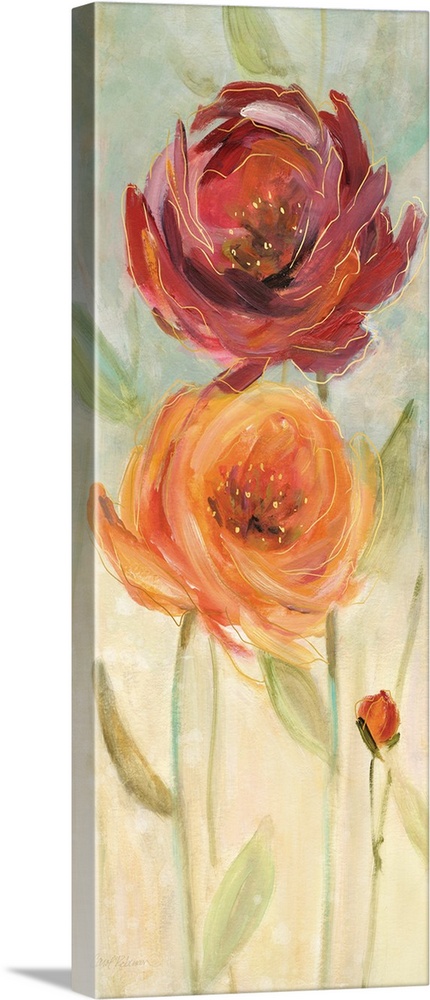 Large panel painting of an orange and a red poppy flower with gold highlights on a light earth toned background.