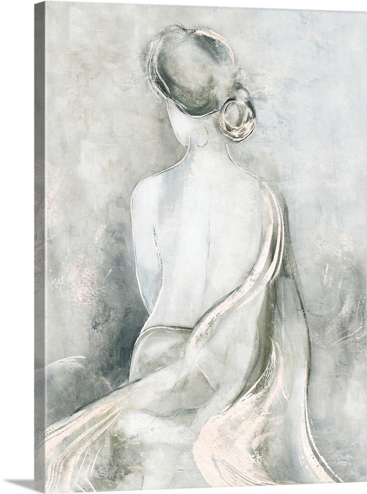 Thin white brush strokes outlines a woman partially wrapped with a sheet patterned with carefree textures.