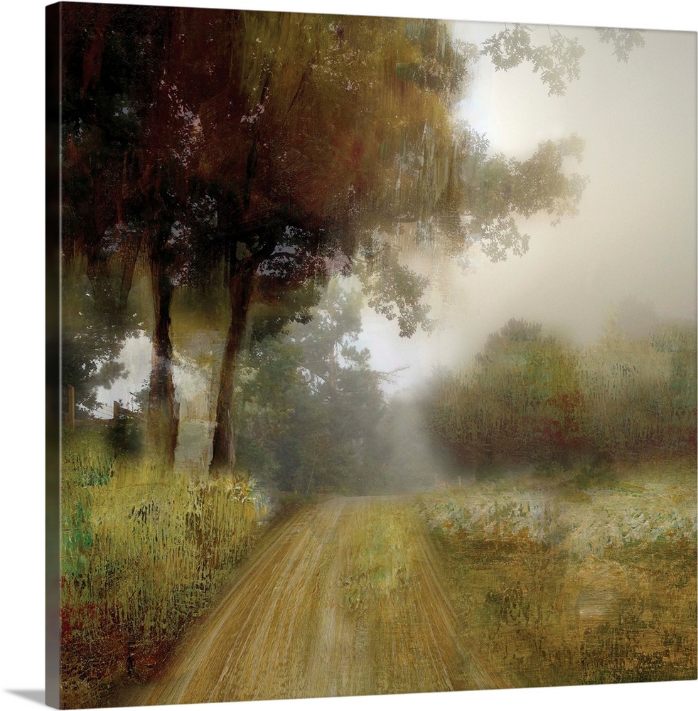 Square painting of a pathway going through a rural landscape with tall trees and Autumn colors.
