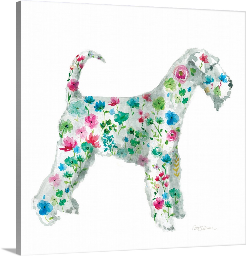 A watercolor painting of an Airedale with a bright and colorful floral pattern.