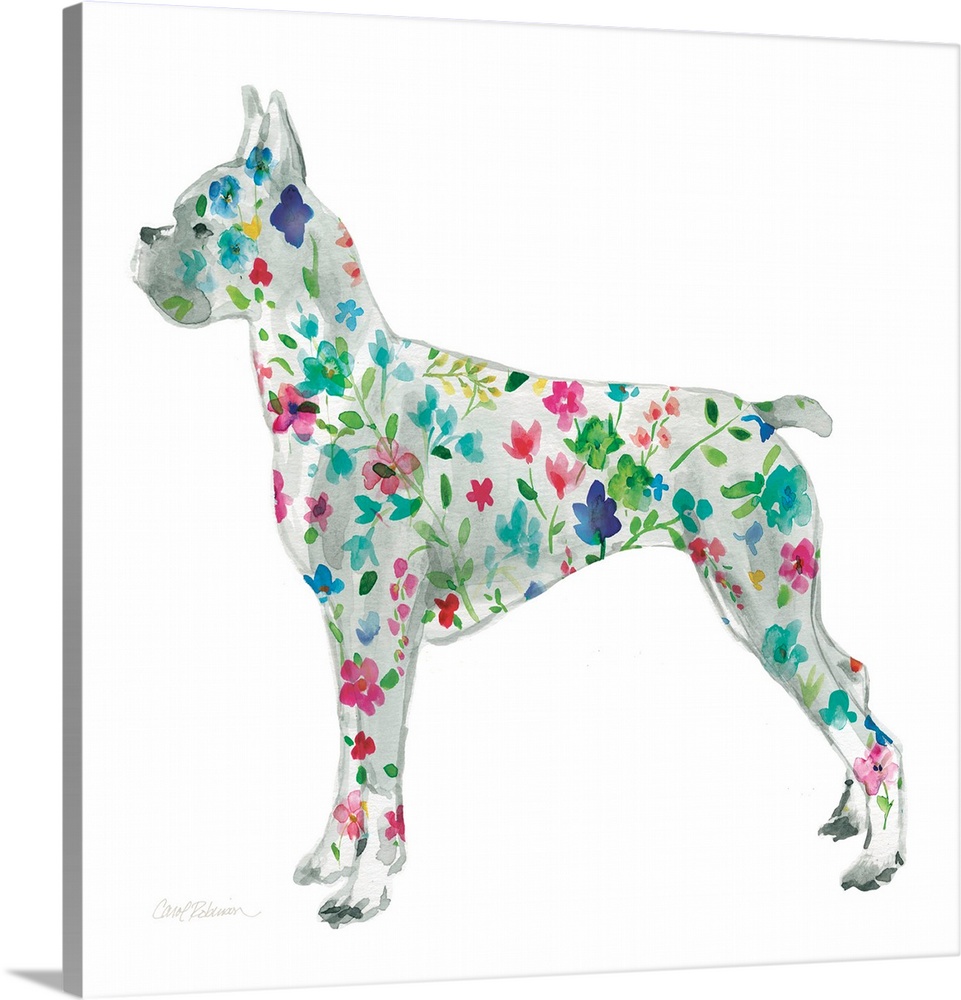 A watercolor painting of a Boxer with a bright and colorful floral pattern.