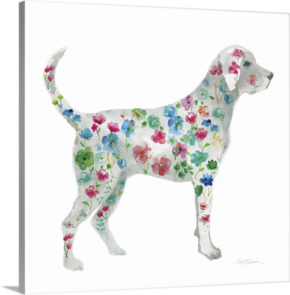 A watercolor painting of a Labrador with a bright and colorful floral pattern.
