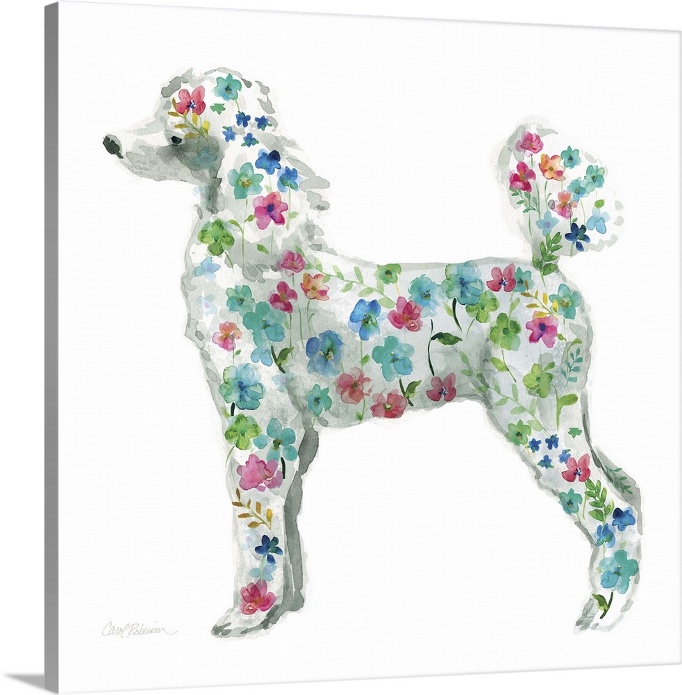 A watercolor painting of a Poodle with a bright and colorful floral pattern.