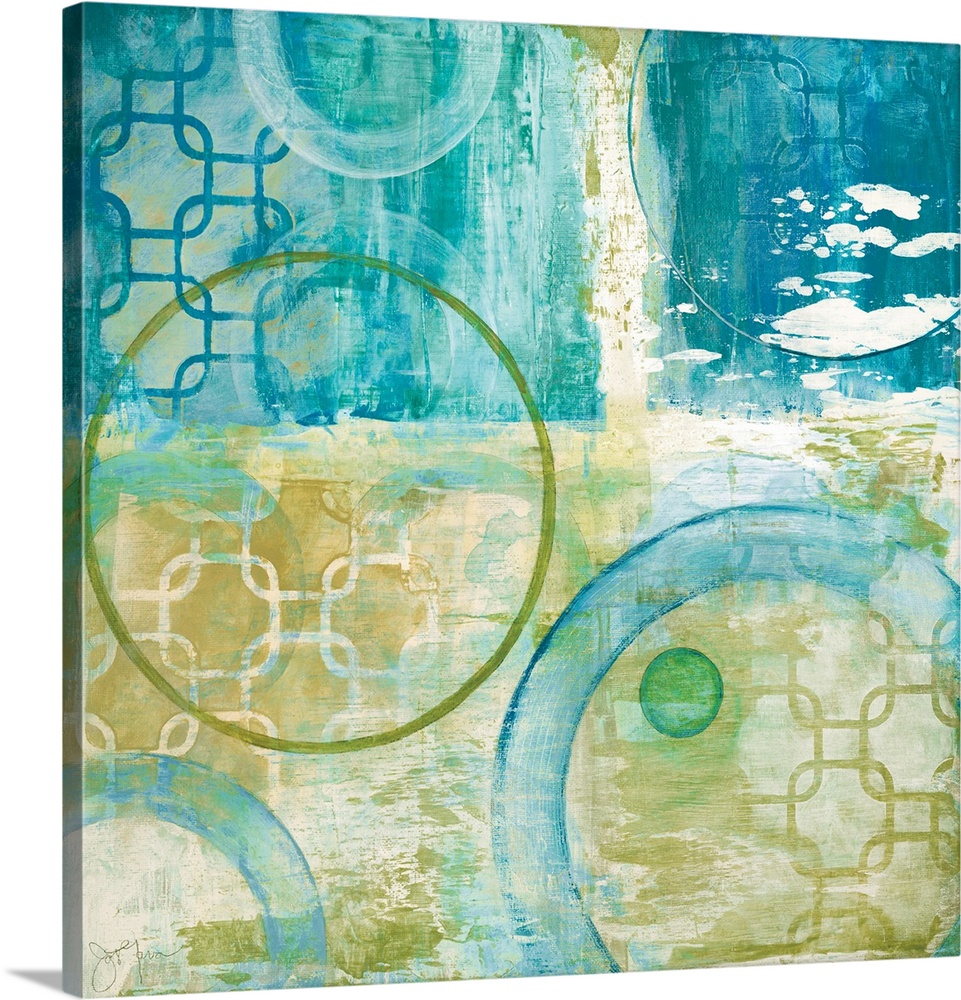 Square painting in teal, gold, green, and white with giant circles and various patterns throughout.
