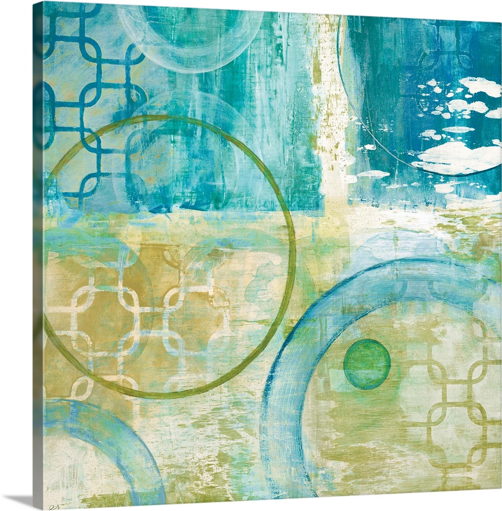 Square abstract painting using different shapes with teal and yellow hues.