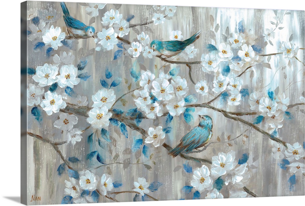 A sweet scene of three blue birds sitting among the branches of a tree laden with white blossoms. The neutral colorscheme ...