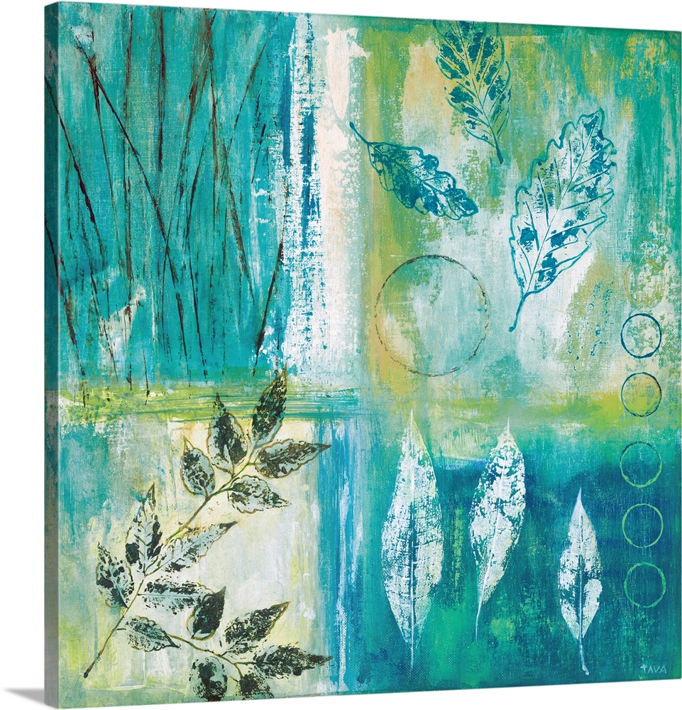 Square painting divided into four sections with different leaf prints in each, made with teal, green, and gold hues.