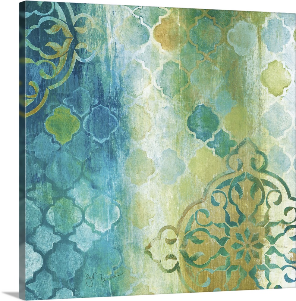 Square painting in teal, gold, green, and white with a patterned print.