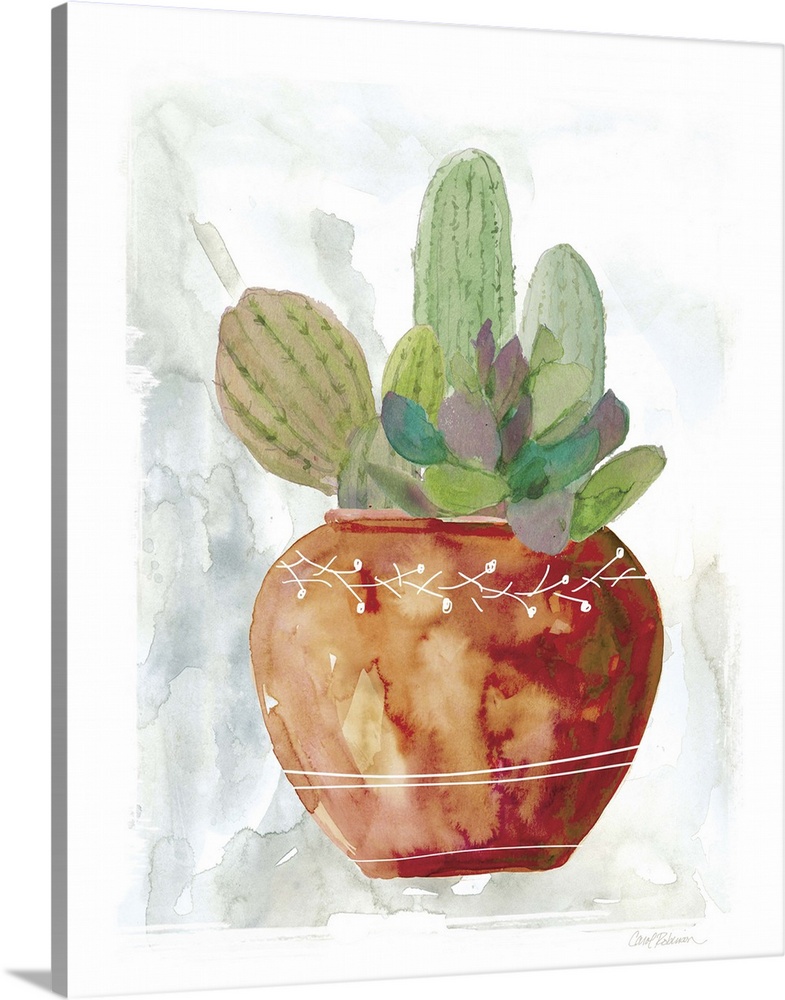 A watercolor painting of cacti and succulents.