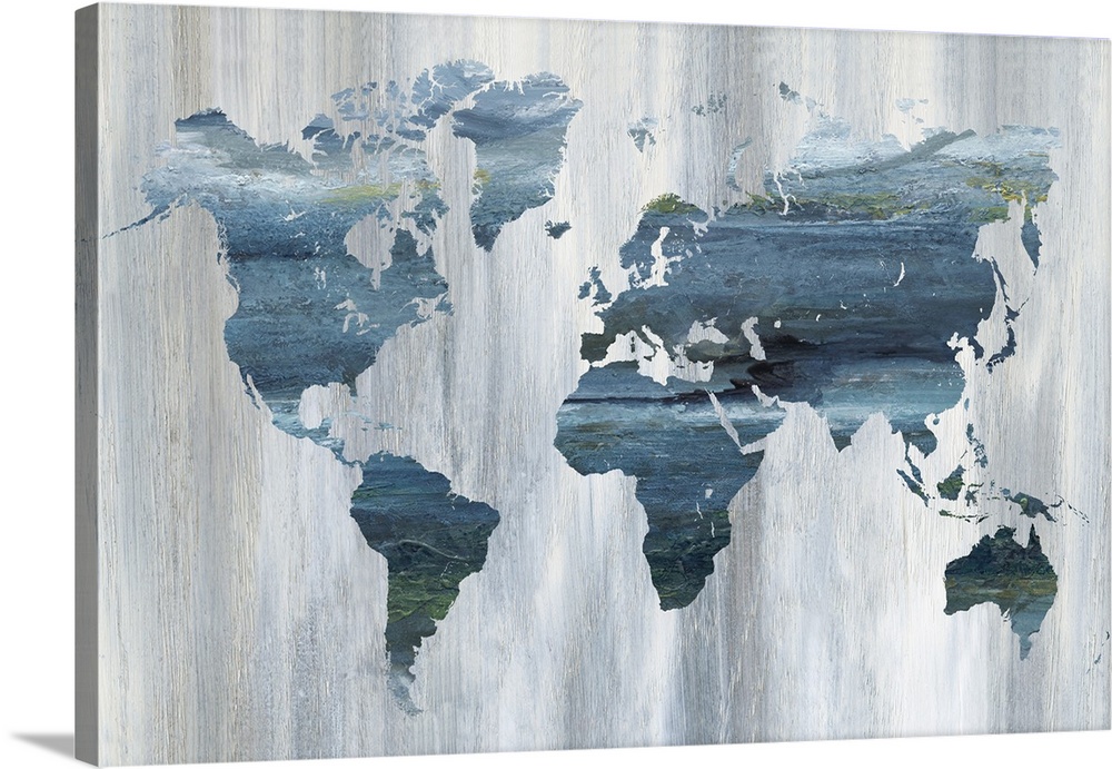Horizontal raised paint marks in various blues illustrate the landmasses of the world against distinct vertical white brus...