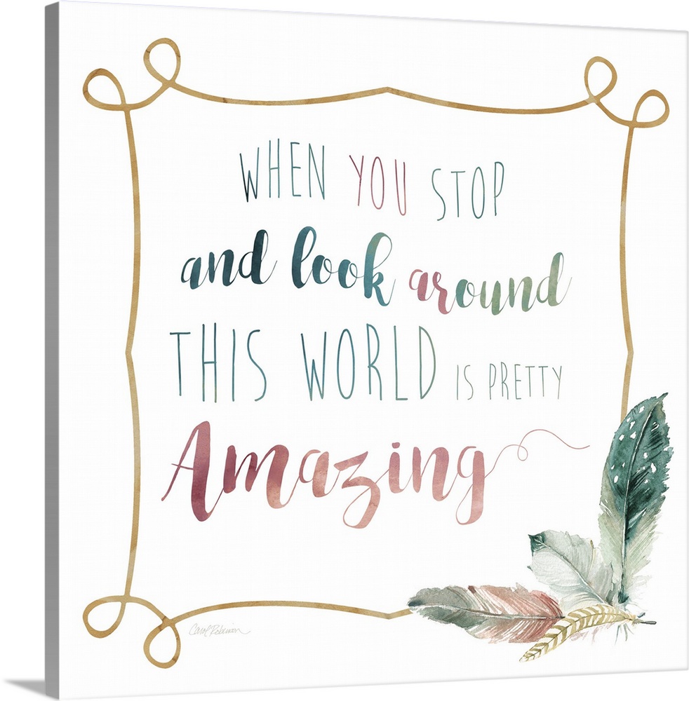 "When You Stop And Look Around This World Is Pretty Amazing" framed with watercolor feathers on the bottom corner.