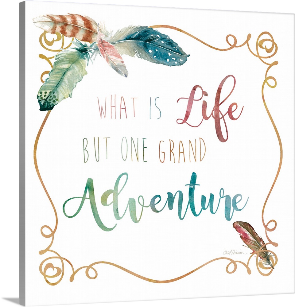 "What Is Life But One Grand Adventure" framed with watercolor feathers on the corners.