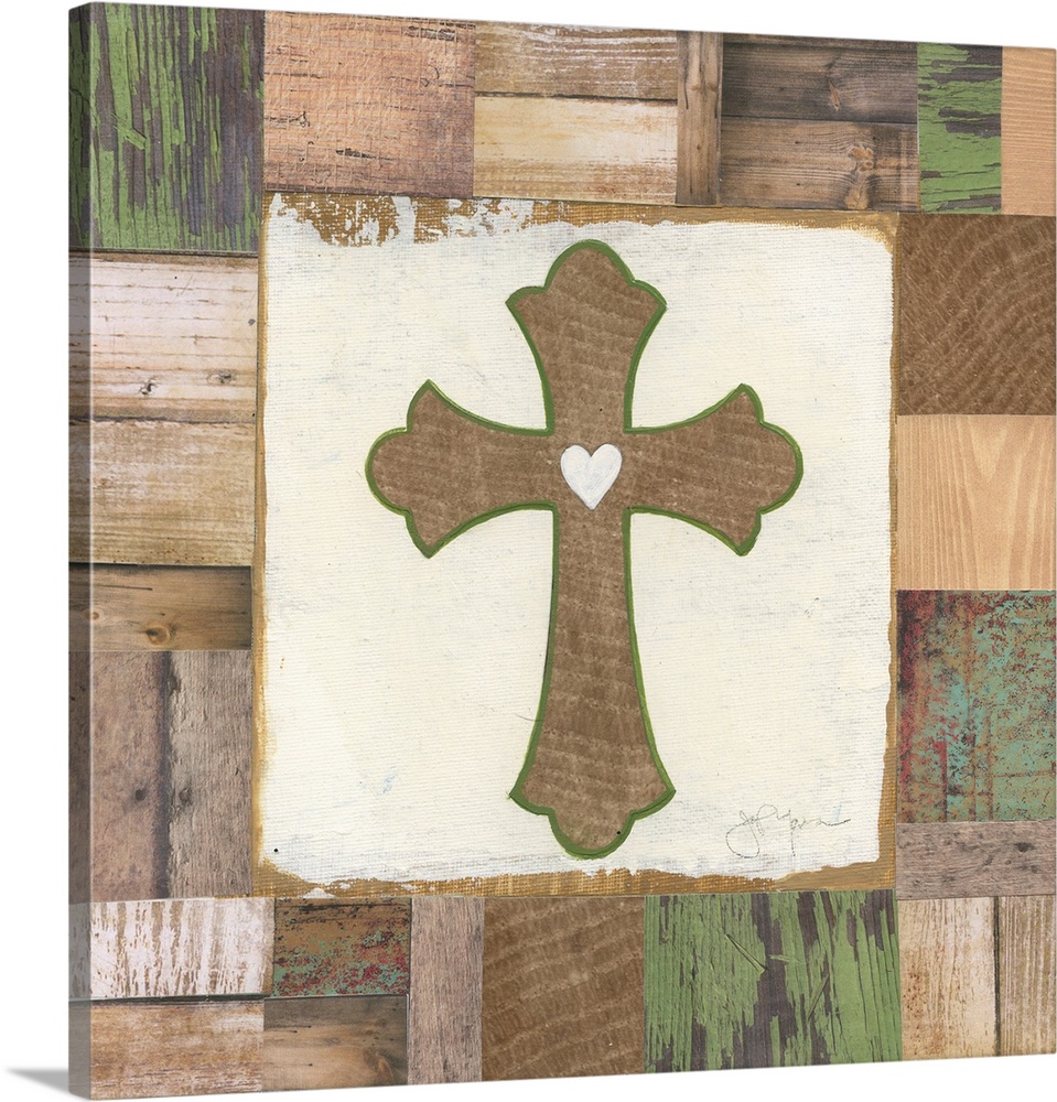 A decorative painting of a wooden cross outlined in green with a white heart in the middle painted on a multi-colored wood...