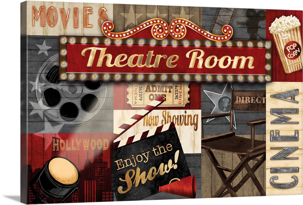 A collage of movie theater themed graphic elements featuring a director's clap board, film reel and other cinema themed it...