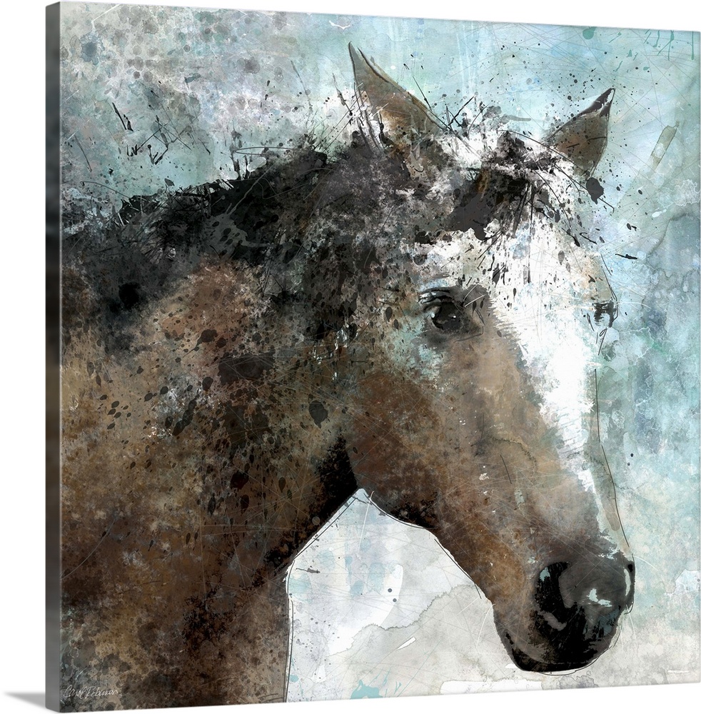 Portrait of a horse with splashes of aqua and brown shades.