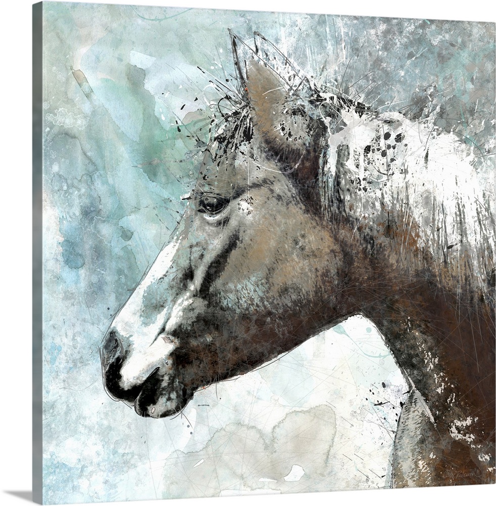 Portrait of a horse with splashes of aqua and brown shades.