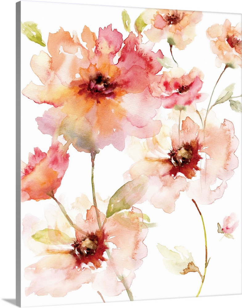 Vertical watercolor painting with pink, red, and orange flowers on a white background.