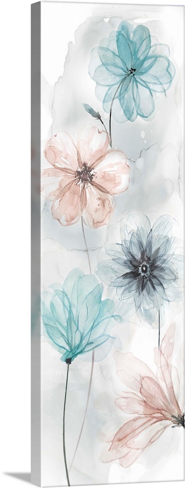 Panel watercolor painting of transparent looking flowers in shades of pink and blue.