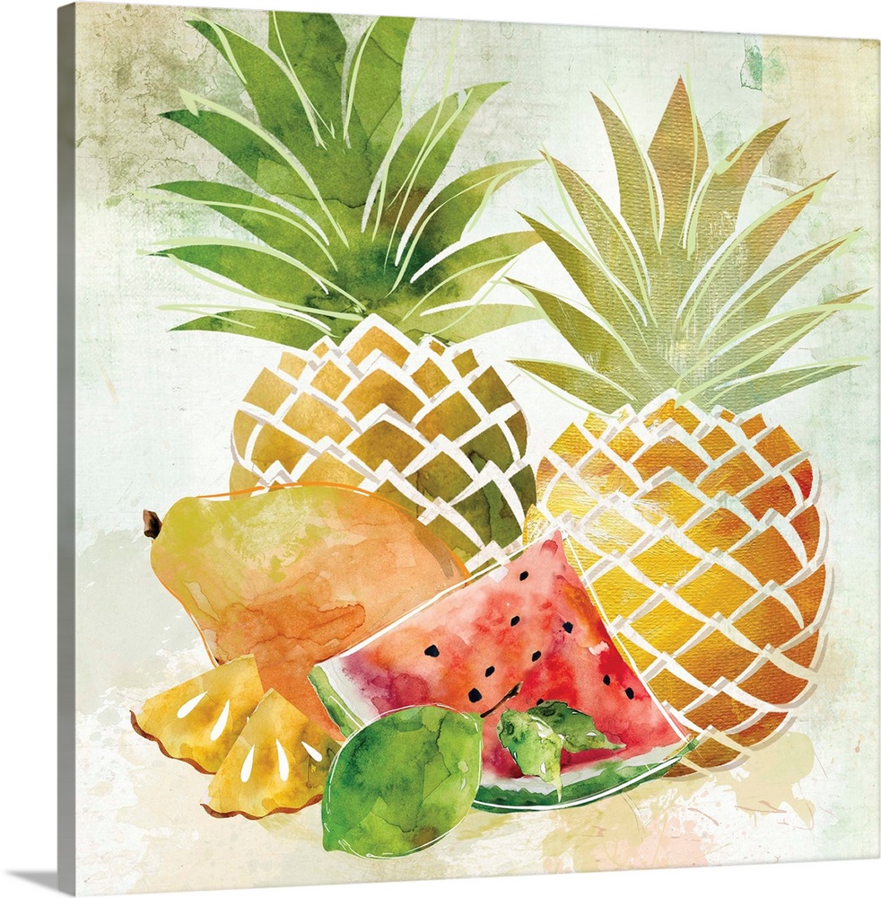 Square decor with illustrations of tropical fruit such as pineapple, watermelon, and mango.
