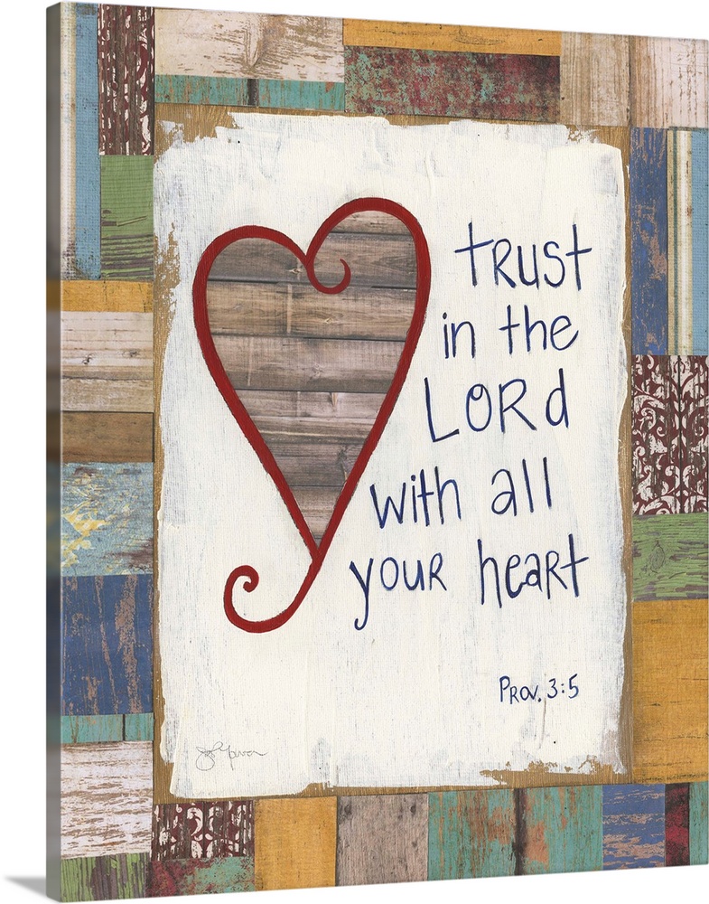 The verse from Proverbs 3:5 painted on a multicolored wood background with a red outlined wooden heart.