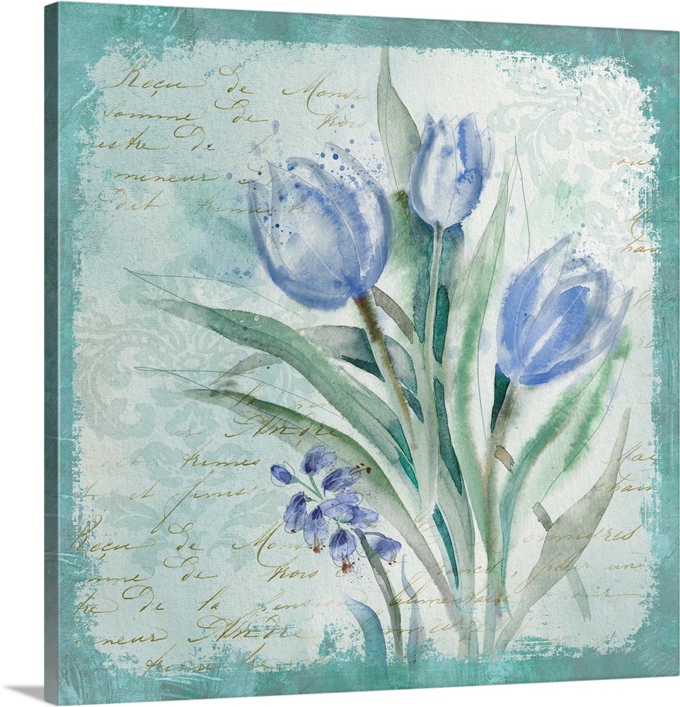 Square decor in cool tones with abstract tulips on a blue bordered background with gold script.