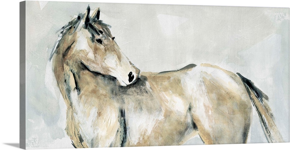 Dry brushstrokes in subdued colors illustrate a horse turning to look behind in this painting.