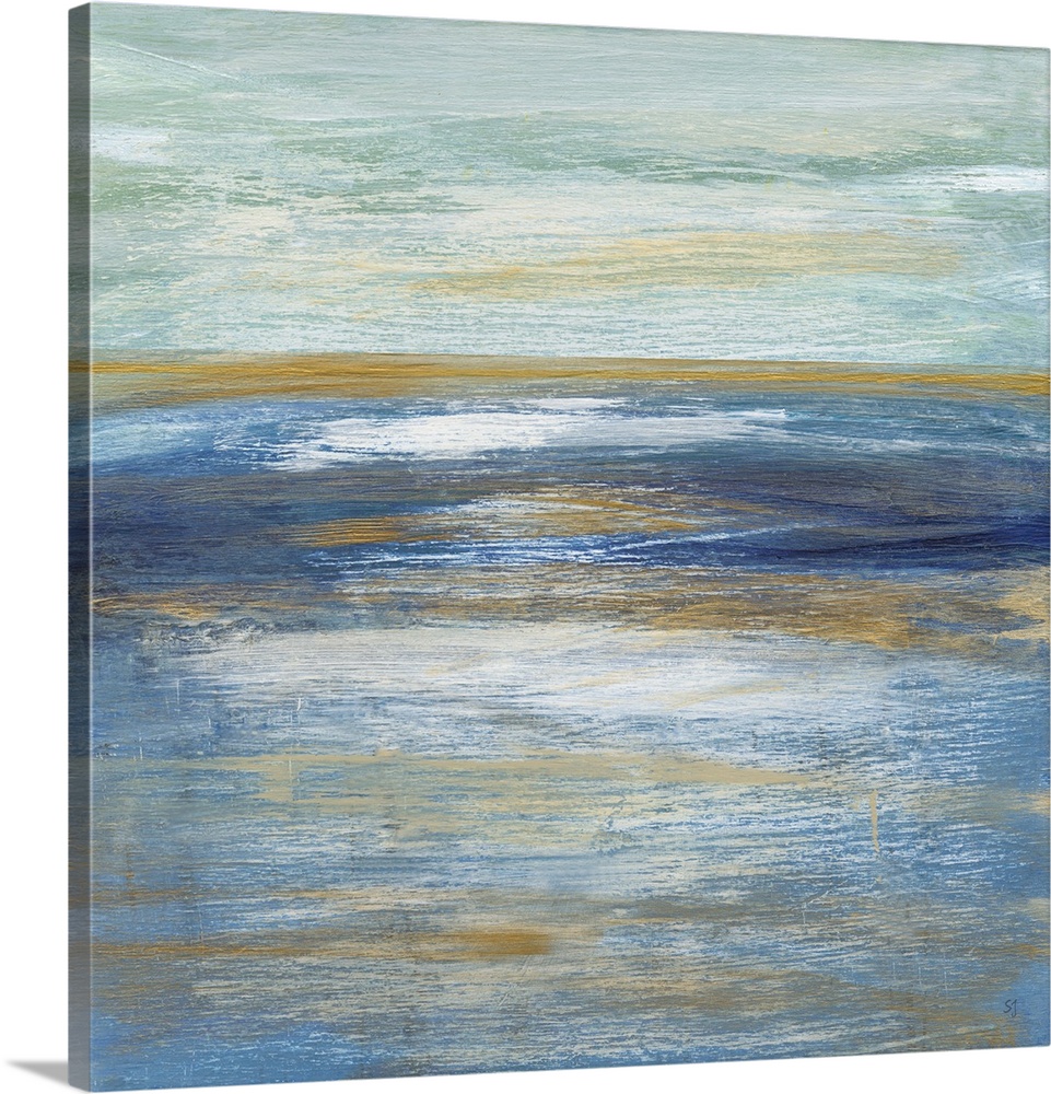 This square abstract painting of blue, white and gold horizontal brush strokes depicts the artist's interpretation of a Tu...