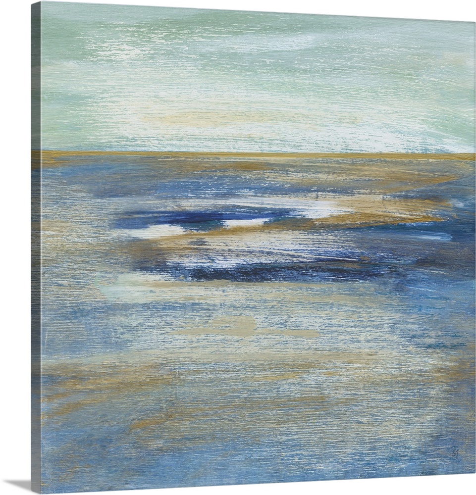 This square abstract painting of blue, white and gold horizontal brush strokes depicts the artist's interpretation of a Tu...