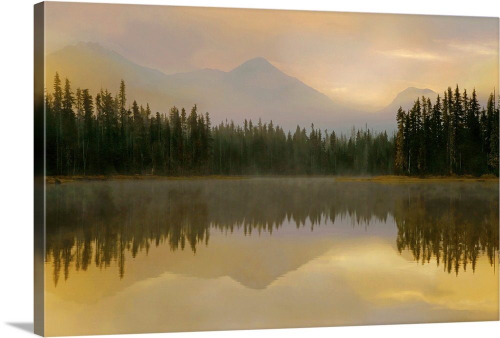 USA, Oregon, Willamette National Forest. Foggy sunrise on Scott Lake and Three Sisters mountains. Credit as: Don Paulson /...