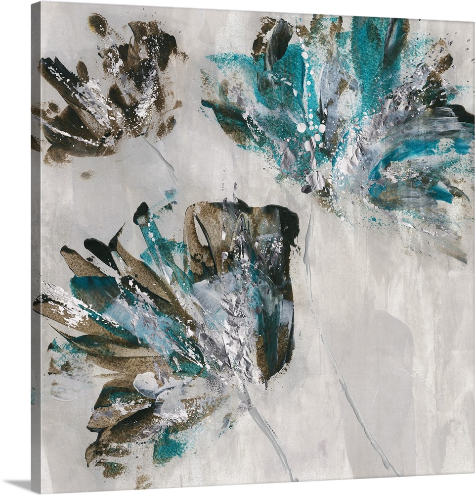 Square painting of three abstract flowers in teal, brown, and grey hues.