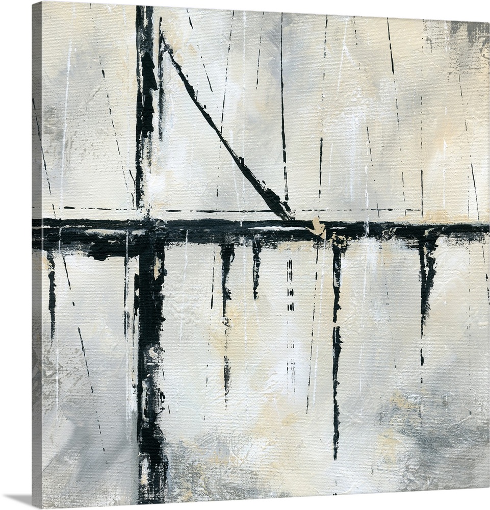 Square abstract painting with bold, black, dripping lines mixed with thin black lines on a white, tan, and gray background.