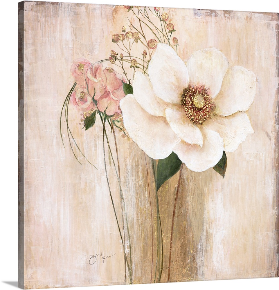 Enchanting painting of white, pink, and gold florals on a soft textured background.