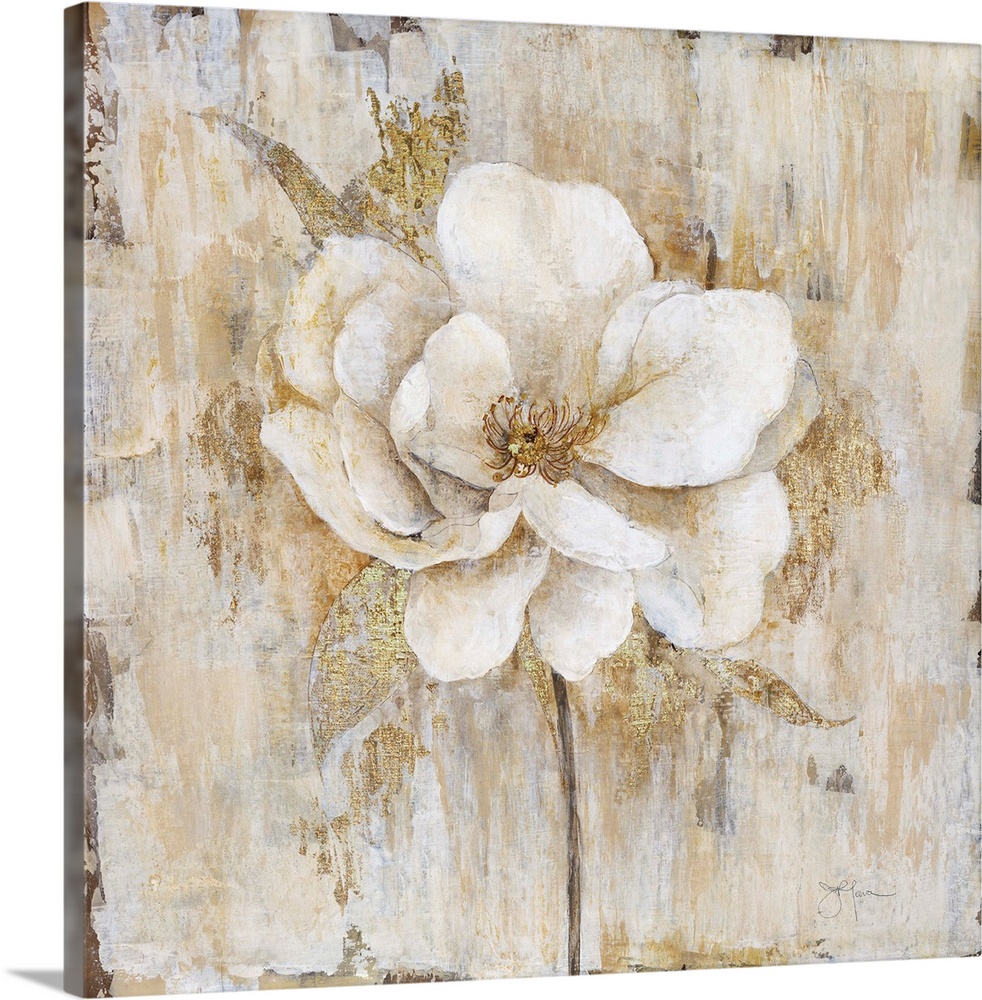 Elegant square decor with a painted white flower in the center and metallic gold markings all around.