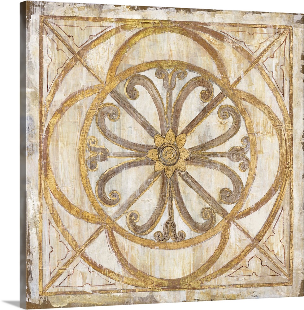 Abstract decor in gold, gray, and cream tones with a geometric mosaic design on a square background.