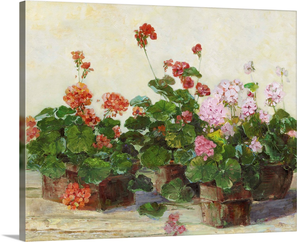 Dynamic brush strokes create potted plants and flowers sitting on a veranda in Positano, Italy.