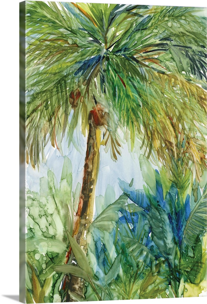 Watercolor painting of a tropical palm tree landscape in shades of green, blue, yellow, and brown.