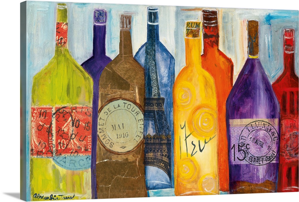 Horizontal painting of colorful wine bottles all sitting around each other with various stamps.