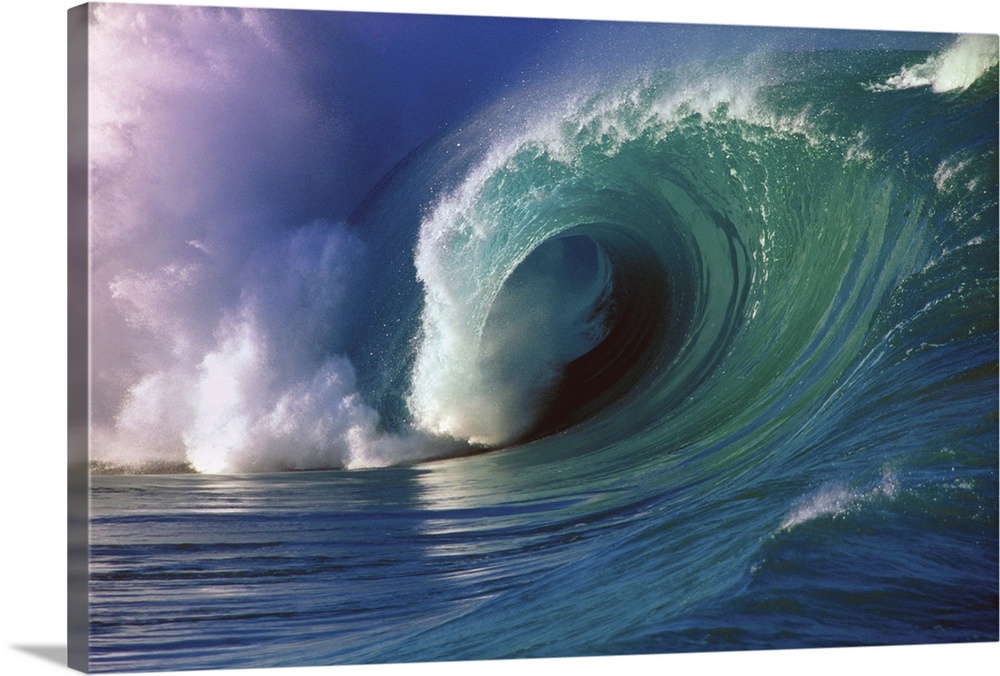 A photograph of a big wave with blue, green, and magenta hues.