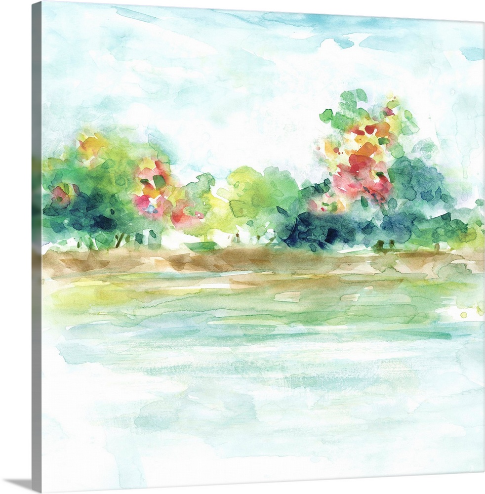 Watercolor landscape with colorful florals and green trees on a square background.