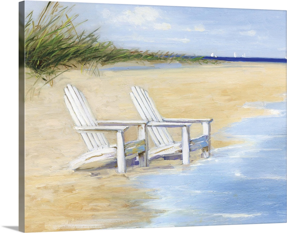 Contemporary painting of two white chairs on a sandy beach with the tide coming in.