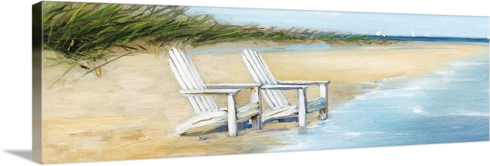 Contemporary painting of two white beach chairs at the edge of the ocean on the coast.