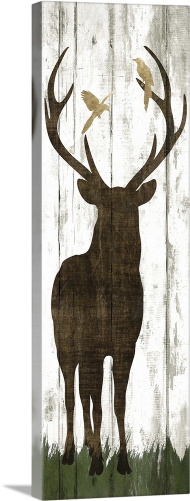 Silhouette of a deer with birds in its antlers on a wooden board background.