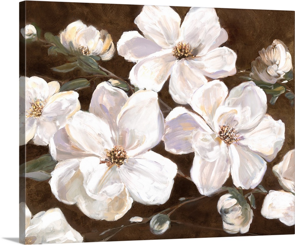 Contemporary painting of large white flowers with broad petals on a rich brown background.